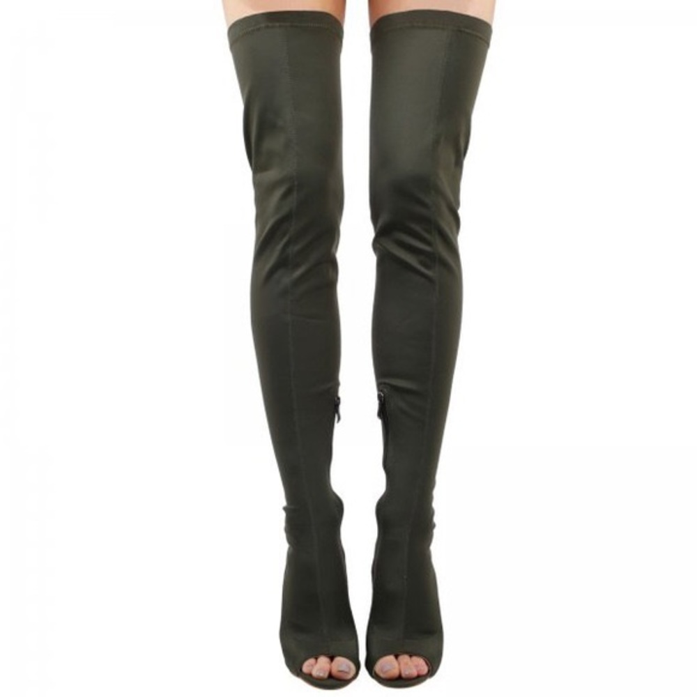 Cindy Thigh High Peep Toe Boot in Khaki Lycra